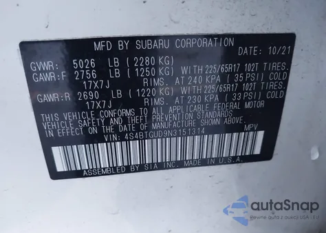 2022 Subaru Outback Wilderness из США, поврежденный, VIN 4S4BTGUD9N3151314